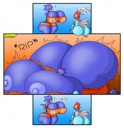 anthro beak big_breasts big_butt blue_body blue_nipples bodily_fluids bodysuit bottomwear breasts butt clothed clothing duo female hotpants huge_breasts huge_butt hyper hyper_breasts hyper_butt mask nervous nervous_sweat nipples non-mammal_nipples orange_beak shirt shorts skinsuit sweat tight_clothing topwear wearing_mask white_tail_feathers aregularblueslime busty_bird avian bird chicken corvid corvus_(genus) crow galliform oscine passerine phasianid comic hi_res