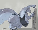 ambiguous_gender anthro big_breasts big_butt black_sclera blue_body blue_skin bodily_fluids breasts butt claws clothing duo female flirting hanging_breasts huge_breasts huge_butt larger_female multicolored_body plantigrade raised_arm sharp_teeth size_difference smile steam sweat tail teeth thick_tail thick_thighs toe_claws translucent translucent_clothing two_tone_body wet wet_clothing mayomancer fish human mammal marine shark absurd_res hi_res