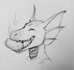 anthro ear_fins female fin food plant potato simple_background smile solo striped_body stripes vegetable white_background canned_(artist) mythology norna dragon mythological_creature mythological_scalie reptile scalie greyscale headshot_portrait monochrome pen_(artwork) portrait traditional_media_(artwork)