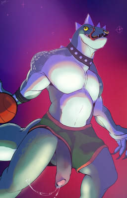 anthro ball balls basketball_(ball) biceps bodily_fluids bottomwear clothed clothing collar facial_piercing fingers foreskin genital_fluids genitals green_body half-erect holding_ball holding_object humanoid_genitalia humanoid_penis leaking_precum male muscular muscular_anthro muscular_male nose_piercing nose_ring partially_retracted_foreskin pecs penis penis_poking_out penis_through_leghole piercing precum precum_string ring_piercing saliva saliva_string scales septum_piercing septum_ring shorts simple_background solo tail teeth tongue tongue_out tongue_piercing topless topless_anthro topless_male roan_(artist) goat_(movie) sony_corporation sony_pictures modo_olachenko komodo_dragon lizard mammal monitor_lizard reptile scalie digital_media_(artwork) hi_res