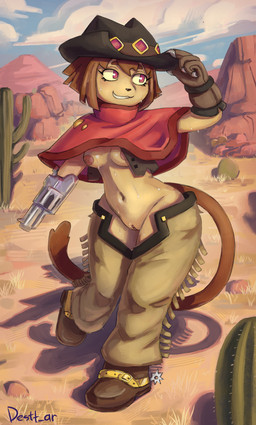 4_fingers anthro areola biped black_clothing black_gloves black_handwear black_hat black_headwear black_nose bodily_fluids bottomwear breasts brown_clothing brown_eyebrows brown_footwear brown_gloves brown_hair brown_handwear brown_shoes brown_tail cactus clothed clothed_anthro clothed_female clothing cloud cowboy cowboy_hat crotchless_bottomwear crotchless_clothing crotchless_pants day desert detailed_background eyebrows eyelashes female female_anthro fingers footwear genitals glistening glistening_breasts glistening_eyes gloves gun gun_arm hair handgun handwear hat headgear headwear holding_clothing holding_hat holding_headgear holding_headwear holding_object looking_aside medium_breasts mountain multicolored_clothing multicolored_gloves multicolored_handwear navel nipples outside pants pink_areola pink_eyes pink_nipples plant ranged_weapon red_clothing red_topwear revolver sand shoes sky smile solo standing sweat sweaty_body tail tan_bottomwear tan_clothing tan_pants teeth text topwear two_tone_clothing two_tone_gloves two_tone_handwear vulva weapon weapon_arm desttar gameoverse glitch_productions kit_bodega domestic_cat felid feline felis mammal 2026 absurd_res artist_name digital_media_(artwork) hi_res