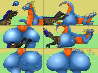 3_toes 4_toes absorption_vore after_vore big_butt blue_body blue_eyes blue_tail_tuft bodily_fluids brown_body butt claws duo exclamation_point featureless_crotch feet feral grey_claws grey_horn grey_teeth horn huge_butt male male_pred male_prey multicolored_body musical_note musical_symbol nervous nervous_sweat orange_tongue sweat symbol tail tail_tuft teeth toes tongue tongue_out tuft vore yellow_eyes ingeir_palar mythology ingeir_(ingeir_palar) dragon mythological_creature mythological_scalie scalie comic watermark