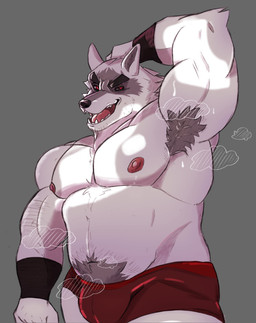 anthro areola armpit_focus armpit_hair barazoku biceps black_nose body_hair bulge clothed clothing eyebrows facial_markings fangs fur fuzzy grey_background grey_body grey_fur hand_behind_head happy_trail head_markings male markings mask_(marking) muscular muscular_anthro muscular_male musk musky_armpit musky_pubes navel nipples open_mouth open_smile pecs pube_peek pubes raised_arm red_clothing red_eyes red_nipples red_underwear simple_background smile solo stocky stubble teeth topless topless_anthro topless_male triceps underwear underwear_only v-cut white_body white_fur wraps dekydog dreamworks puss_in_boots_(franchise) death_(puss_in_boots) canid canine canis mammal wolf 2026 colored hi_res