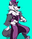 anthro clothed clothing fur gloves grey_body grey_fur handwear hat headgear headwear inner_ear_fluff male sharp_teeth simple_background solo teeth tuft white_body white_fur sindenbock lazytown robbie_rotten canid canine canis mammal wolf