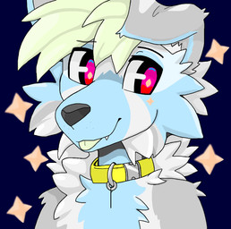 anthro blue_body blue_fur femboy fur green_hair greentongue grey_body grey_fur hair male red_eyes solo star white_body white_fur lackydayz canid canine mammal