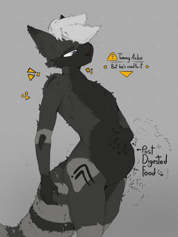 anthro belly belly_rub belly_squish black_body black_fur bloated digested fluffy fur fur_markings male male_pred markings rumbling_stomach solo squish text vore blopfry salem_(blopfry) domestic_cat felid feline felis mammal 3:4 absurd_res colored_line_art hi_res