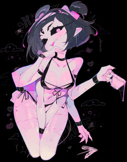 anthro bikini black_background black_sclera breasts cleavage clothed clothing container cup female heart_symbol multi_arm multi_eye multi_limb scar scratches self-harm_scars simple_background solo swimwear tea_cup tongue tongue_out two-piece_swimsuit usa37107692 undertale undertale_(series) muffet arachnid arthropod spider hi_res