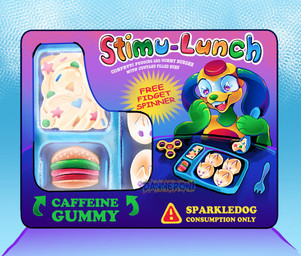 blue_body burger candy cutlery dessert fangs fidget_spinner food fork green_body gummy_(food) kidcore kitchen_utensils open_mouth pudding red_body smile sparklefur spoon teeth text tools toy tv_dinner yellow_body danneroni canid canine canis domestic_dog living_toy mammal english_text