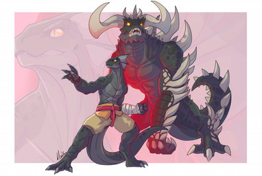 anthro claws digitigrade duo fighting_pose frill_(anatomy) horn pose spikes spikes_(anatomy) standing teeth lluisabadias dungeons_and_dragons hasbro wizards_of_the_coast lizardfolk_(dnd) lizardman scalie