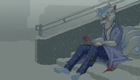 3_toes 5_fingers anthro bandage bandage_on_face bandage_on_nose barefoot blood blood_on_face blood_on_hand bodily_fluids bottomwear claws cloth_wrapping clothing ear_piercing feet finger_claws fingers jacket looking_down male medical_instrument outside pants pawpads paws piercing scientific_instrument sitting snow snowfall snowing solo stethoscope toes topwear torn_clothing torn_ear trauma_shears sleepyb0nes blade_runner_2049 nintendo pokemon berr alolan_form alolan_vulpix generation_7_pokemon pokemon_(species) regional_form_(pokemon) 7:4 absurd_res hi_res