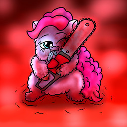 ambiguous_feral ambiguous_gender blood blood_on_body blue_eyes bodily_fluids chainsaw eyelashes feathers featureless_crotch feral fur gore hair holding_chainsaw holding_object holding_power_tool holding_tool horror_(theme) mouth_hold on_hind_legs one_eye_closed pink_body pink_fur pink_hair pink_tail power_tool semi-anthro simple_background smile solo tail tools wink young young_ambiguous young_feral cabeca_de_caju casca_de_laranja cupcakes_(mlp_fanfic) fluffy_pony friendship_is_magic hasbro my_little_pony pinkie_pie_(mlp) fluffy_pony_(species) mammal 1:1 2025 digital_media_(artwork) english_description hi_res