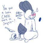 anthro bent_legs biped blush bodily_fluids butt cake cake_gore cake_transformation candy_gore cooking_with_furs dessert dialogue embarrassed extended_arms female food food_gore gore hands_on_knees hands_on_legs hands_on_own_knees hands_on_own_legs holding_both_knees holding_both_legs kneeling knife looking_back painless_gore simple_background solo sweat sweatdrop text white_background sorrymannobodyhere nintendo pokemon these_are_all_cakes jaquelinne_(sorrymannobodyhere) amphibian animate_inanimate food_creature generation_3_pokemon pokemon_(species) swampert 2020 dated digital_media_(artwork) english_text meme sketch