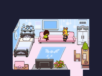 ambiguous_gender ambiguous_human anthro bed blonde_hair brown_body brown_fur brown_hair duo female female/ambiguous female_anthro fur furniture hair human_on_anthro humor inside interspecies kissing parody raging_demon sitting sofa sprite text anonymous_artist unknown_artist capcom deltarune street_fighter undertale_(series) kris_(deltarune) noelle_holiday deer human mammal new_world_deer reindeer 2025 4:3 animated digital_media_(artwork) high_framerate pixel_(artwork) pixel_animation short_playtime