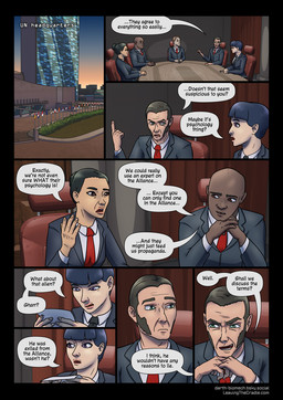 5_fingers bald building clothed clothing dark_body dark_skin dialogue dialogue_box female fingers flag group hair human_only inside light_body light_skin male not_furry open_mouth purple_eyes sitting speech_bubble suit_and_tie text darth_biomech leaving_the_cradle human mammal 2025 colored comic english_text hi_res url