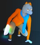 anthro blue_scarf bottomwear clothing cookware floppy_ears footwear frying_pan fur grey_body grey_fur hair hero_landing hoodie horn khaki_pants kitchen_utensils male melee_weapon orange_clothing orange_eyes orange_hoodie orange_horn orange_stripes orange_topwear pants scarf shoes solo stripes tools topwear weapon conditional_dnp gusta gusta_(gusta) bovid caprine goat mammal hi_res