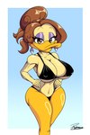 accessory anthro beak bikini black_bikini black_clothing black_swimwear breasts brown_hair clothing covering eyebrows eyelashes female fingers fur hair long_hair looking_at_viewer makeup non-mammal_breasts ponytail smile solo swimwear towel two-piece_swimsuit yellow_body yellow_fur reymonrr looney_tunes the_looney_tunes_show warner_brothers tina_russo anatid anseriform avian bird duck absurd_res hi_res