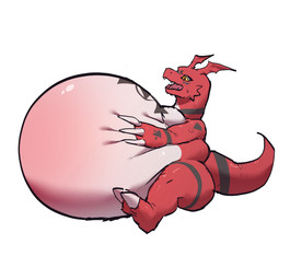 anthro belly belly_blush big_belly bloated blush bodily_fluids body_blush claws hand_on_belly huge_belly inflation looking_down looking_down_at_self love_handles male nude open_mouth orange_eyes pink_tongue red_body simple_background sitting solo sweat sweatdrop thick_thighs tongue white_background white_belly bellylossi bandai_namco digimon digimon_(species) guilmon hi_res