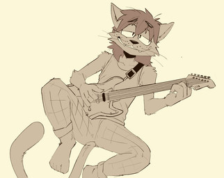 4_fingers anthro biped clothed clothing electric_guitar eyebrow_through_hair eyebrows fingers fur guitar hair looking_at_viewer male musical_instrument plucked_string_instrument smile smiling_at_viewer solo string_instrument tail translucent translucent_hair whiskers rabbitpatches pat_(rabbitpatches) domestic_cat felid feline felis mammal nonbinary_(lore)