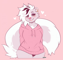 anthro asymmetrical_hair bedroom_eyes big_tail bite biting_lip black_clothing black_panties black_underwear blush cheek_tuft clothing countershade_torso countershading curvy_figure ear_piercing eyelashes eyeshadow facial_tuft fangs female fluffy fluffy_tail fur gold_piercing green_eyes grey_body grey_fur hair hair_to_side heart_symbol hip_fluff hoodie lips long_hair long_tail makeup male melanistic multicolored_body multicolored_fur narrowed_eyes panties piercing pink_background pink_clothing pink_lips pink_nose pink_sweater pink_topwear seductive short_stack simple_background skunk_tail smile solo suggestive_look sweater tail teeth text topwear tuft two_tone_body two_tone_fur underwear white_body white_fur white_hair wide_hips lezified mammal mephitid skunk 2025 artist_name colored digital_drawing_(artwork) digital_media_(artwork) hi_res