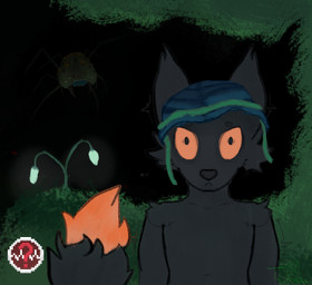 anthro armor cave duo fur headgear helmet male moodles moss orange_body orange_eyes orange_fur plant scared scared_eyes shaking thousand_yard_stare to_maks2137 casualties:_unknown arachnid arthropod elder_thornback_(casualities:_unknown) expie_(gunsawian) gunsawian spider hi_res