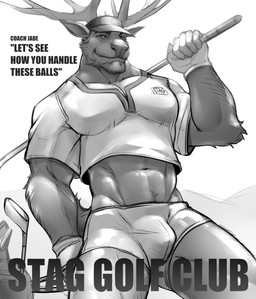 abs anthro antlers arm_tuft beard belly_tuft biceps big_muscles big_pecs biped body_hair bottomwear bulge closed_smile clothed clothing crop_top elbow_tuft facial_hair forearm_muscles front_view fully_clothed fur glistening glistening_body glistening_fur gloves golf_bag golf_club handwear happy_trail hat headgear headwear holding_golf_club holding_object horn hotpants looking_at_viewer male minishorts mouth_closed muscular muscular_anthro muscular_male mustache navel pecs poster_template shirt shorts sideburns simple_background smile solo standing tail text text_on_clothing text_on_shirt text_on_topwear thick_thighs tight_clothing tight_shirt tight_topwear topwear triceps tuft v-cut visor_cap wearing_hat wide_stance purtropos deer mammal 2024 digital_media_(artwork) english_text guide_lines hi_res monochrome sketch