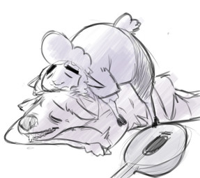 anthro bodily_fluids clothed clothing drooling duo eyes_closed fur lute lying male musical_instrument on_front on_top plucked_string_instrument saliva simple_background sleeping string_instrument tongue tongue_out white_background wool_(fur) nobby_(artist) disney pack_street zootopia fan_character ozzy_(weaver) remmy_cormo bovid caprine domestic_sheep hyena mammal sheep striped_hyena