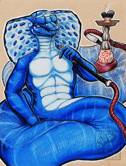 anthro apode blue_body hookah hookah_pipe legless male nude nude_anthro nude_male scales serpentine simple_background snake_hood solo tail yellow_eyes danji-isthmus ophius_(bahumot) cobra draconcopode naga reptile scalie snake hi_res
