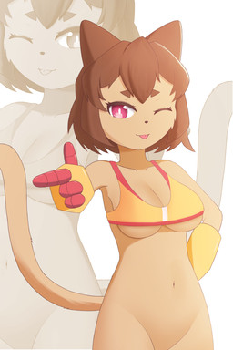 bottomless clothed clothing female half_naked orange_body solo tongue tongue_out topwear topwear_only ranlunghsu gameoverse glitch_productions kit_bodega domestic_cat felid feline felis humanoid mammal absurd_res hi_res