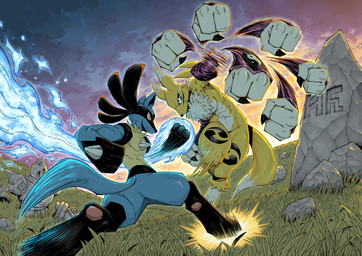3_fingers abs action_pose angry anthro arm_tuft armwear athletic aura battle biceps big_breasts biped black_body black_claws black_fur black_nose black_sclera blue_body blue_eyes blue_fur breasts bridal_gauntlets butt cheek_tuft chest_tuft claws clothed clothed/nude clothing cloud countershade_torso countershading curvy_figure deltoids dialogue double_tomoe duo ears_back ears_up energy facial_markings facial_tuft female fight fingers fist frown fur fur_markings grass head_markings ink jumping larger_female leg_markings light logo long_ears long_tale looking_at_another looking_down looking_up male markings mask_(marking) motion_lines muscular muscular_female muscular_male navel neck_tuft nude outside paws pecs pink_paws pivoted_ears plant pose punch purple_body purple_clothing purple_fur raised_leg red_eyes rock running shoulder_tuft simple_background size_difference sky smaller_male sound_effects spikes spread_legs spreading sunset tan_body tan_fur text thick_thighs thigh_markings tomoe_(symbol) triceps tuft tuft_ears white_background white_body white_countershading white_fur wide_hips yellow_body yellow_fur yin_yang trejoshurtado bandai_namco digimon nintendo pokemon digimon_(species) generation_4_pokemon generation_5_pokemon golurk lucario pokemon_(species) renamon absurd_res colored comic crossover hi_res shaded