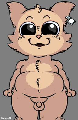 anthro balls black_eyes brown_body brown_ears brown_fur brown_hair ear_piercing flaccid foreskin front_view fur genitals hair happy humanoid_genitalia humanoid_penis lock looking_at_viewer male moobs nude padlock penis piercing pink_nose slightly_chubby small_penis smile solo standing text unretracted_foreskin bananapop garn47 car_(garn47) domestic_cat felid feline felis mammal 2025 artist_name digital_media_(artwork) hi_res