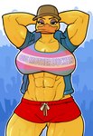 abs anthro avian big_breasts biped bird bottomwear breasts chicken clothing crisis-omega crop_top english_text female galliform gallus_(genus) gynomorph_(lore) hands_behind_head hat headgear headwear hi_res lgbt lgbt_pride looking_at_viewer muscle_bird muscular muscular_anthro muscular_female navel phasianid pride_colors shirt shorts solo text text_on_clothing text_on_topwear topwear transgender_pride_colors