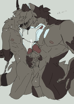 anthro arms_tied balls big_balls big_penis bodily_fluids bound cum cumshot duo ejaculation frottage fur genital_fluids genitals glans grey_body grey_fur hair hair_over_eye hands_behind_back larger_male linked_nipples male male/male monotone_body multicolored_body muscular muscular_male muzzle_(object) nipple_chain nipple_fetish nipple_pinch nipple_play penile penis penis_size_difference penises_touching pinch sex simple_background size_difference smaller_male tail tail_tied text two_tone_body white_body white_fur wuxbbq canid canine mammal 2026 chinese_text dated digital_drawing_(artwork) digital_media_(artwork) hi_res