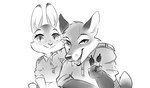 anthro cheek_tuft clothed clothing dipstick_ears duo ear_markings facial_tuft fur gesture hand_gesture inner_ear_fluff looking_at_viewer multicolored_ears open_mouth open_smile shirt simple_background smile topwear tuft v_sign white_background kidaoriginal disney zootopia judy_hopps nick_wilde canid canine fox lagomorph leporid mammal rabbit red_fox true_fox 2021 greyscale monochrome