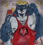 anthro armpit_hair bodily_fluids body_hair clothed clothing facial_hair looking_at_viewer male muscular muscular_male musk nipples shirt simple_background smile solo sweat tank_top topwear coyohowdy rimba_racer pike_(rimba_racer) canid canine canis mammal wolf