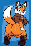 anthro big_breasts big_butt blue_scarf boots bottomless breasts brown_body brown_boots brown_clothing brown_eyes brown_footwear brown_fur brown_jacket brown_topwear bubble_butt butt clothed clothing dipstick_ears dipstick_tail ear_markings eyewear female footwear fur goggles hand_on_butt holding_butt huge_butt jacket looking_at_viewer looking_back markings multicolored_ears orange_body orange_fur scarf shoes smile solo tail tail_markings teeth thick_thighs topwear white_body white_fur wide_hips someth1ngoranother lucky's_tale_(series) playful_corp. lyra_swiftail canid canine fox mammal 2:3 absurd_res hi_res