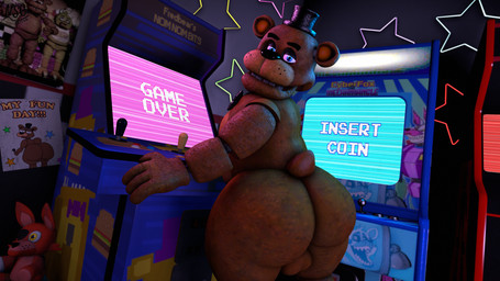 anthro arcade_machine balls big_butt blue_eyes bow_tie brown_body butt clothing drawing_(object) electronics genitals glowing glowing_eyes hat headgear headwear looking_at_viewer looking_back machine male monitor neon_lights nude open_mouth plushie poster_(object) solo tail teeth text top_hat wide_hips nsg_editor five_nights_at_freddy's scottgames freddy_(fnaf) animatronic bear mammal robot 16:9 2025 3d_(artwork) 4k absurd_res digital_media_(artwork) hi_res source_filmmaker_(artwork) widescreen