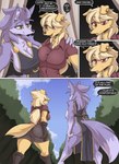 absurd_res anthro biped black_nose blonde_hair boots breasts butt canid canine canis cleavage clothed clothing comic cooliehigh detailed_background dialogue domestic_dog duo english_text exclamation_point female footwear fox fur hair hi_res lucy_(cooliehigh) mammal open_mouth pepper_(cooliehigh) purple_body purple_fur question_mark rear_view red_eyes shoes smile speech_bubble text yellow_body yellow_eyes yellow_fur