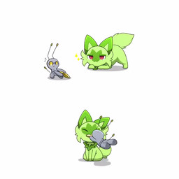 ambiguous_gender antennae_(anatomy) biped black_markings coin daww duo emanata eyes_closed facial_markings facial_tuft featureless_feet featureless_hands feet feral fur green_body green_fur green_markings grey_body head_markings markings monotone_body monotone_fur neck_tuft paws quadruped red_eyes shadow simple_background sitting tail thin_tail tuft white_background yellow_eyes tontaro nintendo pokemon felid generation_9_pokemon gimmighoul gimmighoul_(roaming_form) humanoid mammal pokemon_(species) sprigatito 1:1 2022 2d_animation animated digital_media_(artwork) frame_by_frame loop no_sound shaded short_playtime simple_shading video