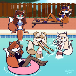 anthro bikini black_bikini black_clothing black_swimwear blonde_hair blue_bikini blue_clothing blue_eyes blue_swimwear brown_body brown_eyes brown_fur brown_hair chair clothed clothing curvy_figure ear_piercing ear_ring female fence footwear fur furniture green_eyes group hair high_heeled_sandals high_heels inflatable inner_tube jewelry lounge_chair multicolored_body multicolored_fur open_mouth orange_body orange_fur piercing pink_bikini pink_clothing pink_swimwear purple_bikini purple_clothing purple_swimwear red_body red_fur red_hair ring_piercing sandals shoes smile splash swimming_pool swimwear tail tan_body tan_fur two-piece_swimsuit two_tone_body two_tone_fur water white_body white_fur yellow_eyes chelledoggo dragonboy618 barkpark_girls anjea_(barkpark_girls) artemis_(barkpark_girls) diana_(barkpark_girls) rati_(barkpark_girls) selene_(barkpark_girls) bird_dog canid canine canis domestic_dog fox golden_retriever hunting_dog mammal retriever wolf 1:1 digital_media_(artwork) hi_res signature