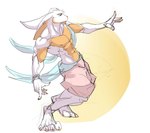 anthro bottomwear clothed clothing digitigrade fur male multicolored_body multicolored_fur muscular muscular_anthro muscular_male pants partially_clothed pose solo two_tone_body two_tone_fur white_body white_fur mtraon lagomorph leporid mammal rabbit