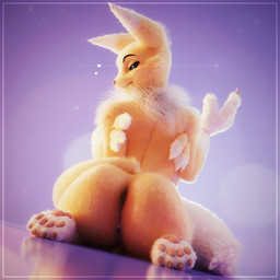 4_toes anthro black_sclera blue_eyes bubble_butt butt claws digimorph dutch_angle feet female fluffy fur genitals heart_symbol looking_at_viewer looking_back looking_back_at_viewer neck_tuft pawpads pink_pawpads purple_background realistic_fur rear_view reflective_floor simple_background smile smiling_at_viewer solo tail toes tuft vulva wide_hips yellow_body yellow_fur springycharna furromantic_(modeler) bandai_namco digimon canid canine digimon_(species) mammal renamon 1:1 3d_(artwork) digital_media_(artwork) full-length_portrait hi_res portrait