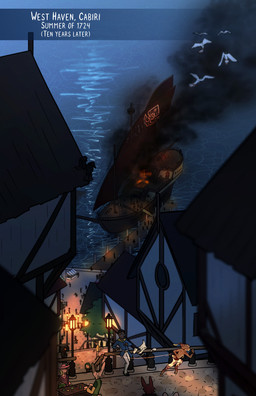 anthro blood blood_on_clothing bodily_fluids clothing fantasy fire harbor male medieval running ship smoke vehicle watercraft fek mythology the_sparks_of_daybreak fekkri_talot animal_humanoid avian bird catfolk dragon dragon_humanoid human humanoid lagomorph leporid mammal mythological_creature mythological_scalie rabbit scalie absurd_res comic hi_res
