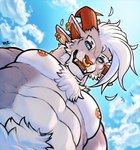 4_ears 4_horns abs anthro blue_eyes chest_tuft ear_piercing ear_ring facial_piercing fangs fur grey_body grey_fur hair horn looking_at_viewer looking_down looking_down_at_viewer low-angle_view male multi_ear multi_horn muscular muscular_anthro muscular_male nipple_piercing nipples nose_piercing nose_ring pecs piercing ring_piercing solo teeth tuft white_body white_fur white_hair worm's-eye_view vateo guild_wars pec_pov_meme vae_(character) charr felid mammal 2024 digital_media_(artwork) hi_res meme