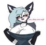 anthro belly big_breasts blush body_blush breast_blush breasts choker cleavage clothed clothing clothing_pull dialogue dress dress_pull eyebrow_through_hair eyebrows fangs female fingerless_gloves fur gloves grey_body grey_fur hair handwear huge_breasts jewelry looking_down neck_tuft necklace pupils red_sclera simple_background slit_pupils small_waist solo teeth text translucent translucent_hair tuft white_background white_belly white_eyes pace-maker helluva_boss mythology loona_(helluva_boss) canid canid_demon canine demon hellhound mammal mythological_canine mythological_creature half-length_portrait portrait