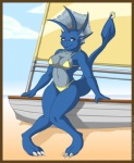 accessory anthro bikini blue_body blue_skin boat breasts clothed clothing female frill_(anatomy) furgonomics furry-specific_piercing head_crest head_frill jewelry membrane_(anatomy) membranous_frill non-mammal_breasts piercing ring sail skimpy solo swimwear tail tail_accessory tail_jewelry tail_piercing tail_ring tight_clothing two-piece_swimsuit vehicle watercraft javanshir mythology lakebound dragon mythological_creature mythological_scalie scalie 2007