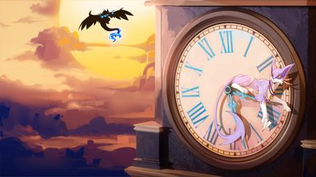 ambiguous_gender anthro clock clock_tower duo feral fur jewelry necklace paws pendant pink_body pink_fur sunset tail white_body white_fur yellow_eyes mazobe nintendo pokemon feng_hui yemao_(kianyemao) generation_5_pokemon liepard pokemon_(species) winged_dragon absurd_res hi_res