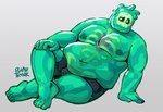 belly black_boxer_briefs black_clothing black_underwear blush blush_lines bone boxer_briefs bulge clothing green_body grey_background heart_(organ) lying male male/male moobs nipples on_side organs overweight overweight_male pelvis rear_view rib_cage simple_background skull slime solo translucent translucent_body underwear yellow_eyes polartrunk monster_prom doug_(monster_con) goo_creature humanoid absurd_res hi_res