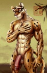 abs animal_genitalia anthro balls biceps big_eyes big_penis biped black_body black_fur brown_body brown_eyes brown_fur claws detailed_background fur genitals grin half-erect hand_on_chest humanoid_genitalia humanoid_penis looking_at_viewer male markings muscular muscular_anthro muscular_male nude orange_eyes pec_grab pecs penis pink_nose pose presenting red_eyes sheath smile solo spots standing tan_body tan_fur whiskers bleakcat felid leopard mammal pantherine