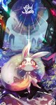 ambiguous_gender big_tail blush bodily_fluids chest_tuft cloud fur leaf looking_up night pink_eyes solo star structure tail tears tuft water white_body white_fur yellow_sclera quinto lagomorph leporid mammal rabbit hi_res