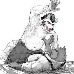 anthro belly biceps black_hair clothed clothing duo foreplay fur hair male male/male melanistic muscular muscular_anthro muscular_male open_mouth paws simple_background smile tail teeth tongue white_body white_fur solomon langdon_marston ramzes canid canine canis domestic_dog felid husky jaguar mammal nordic_sled_dog pantherine spitz 1:1 hi_res